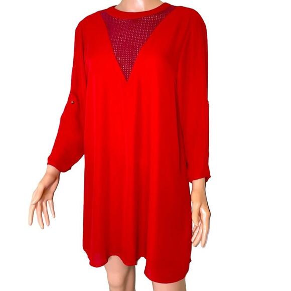 Staccato red dress boxy mini 3/4 sleeve loose fitting roll tab sleeves SZ L - Picture 2 of 9